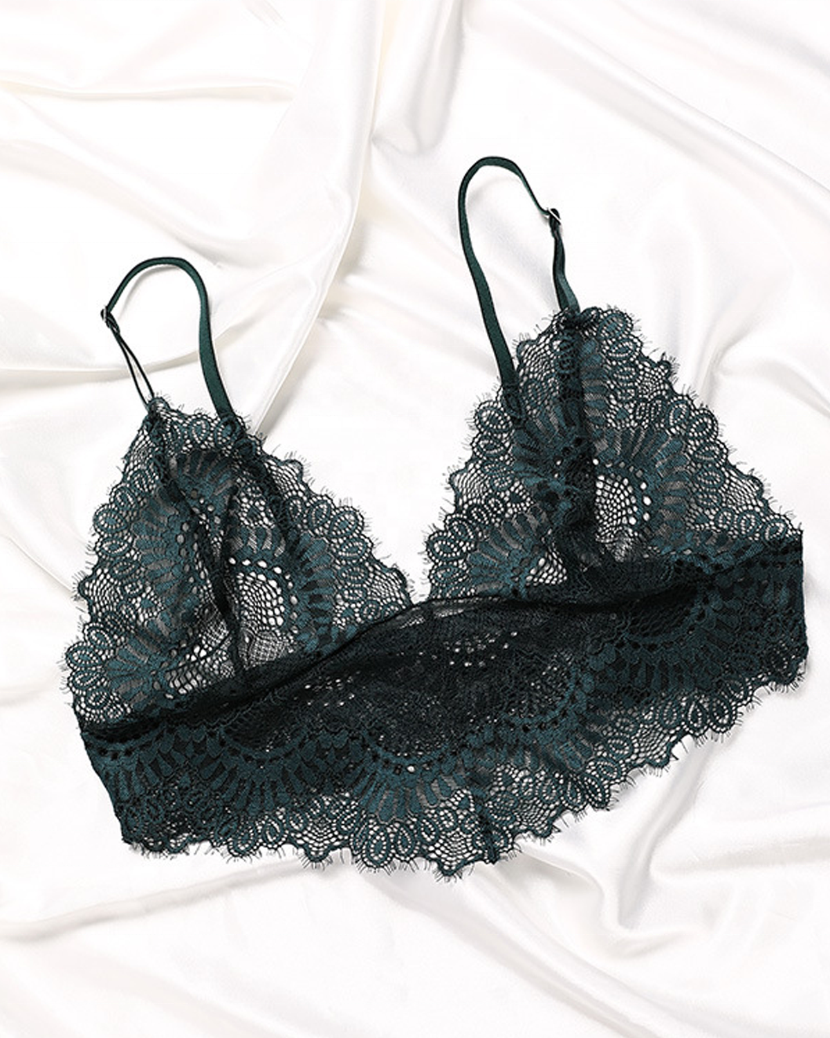 Forest green wireless triangle lace bralette with adjustable shoulder straps