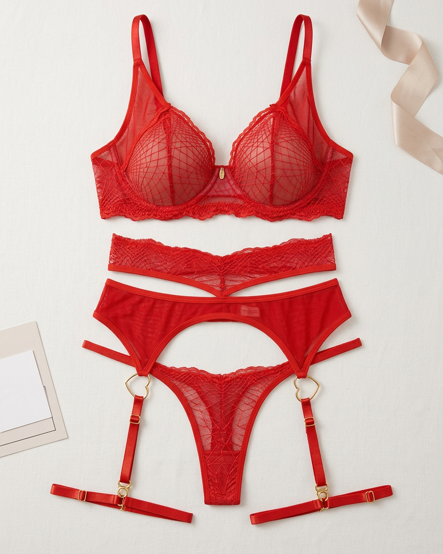 Hot Pursuit red lace three-piece lingerie set flat lay