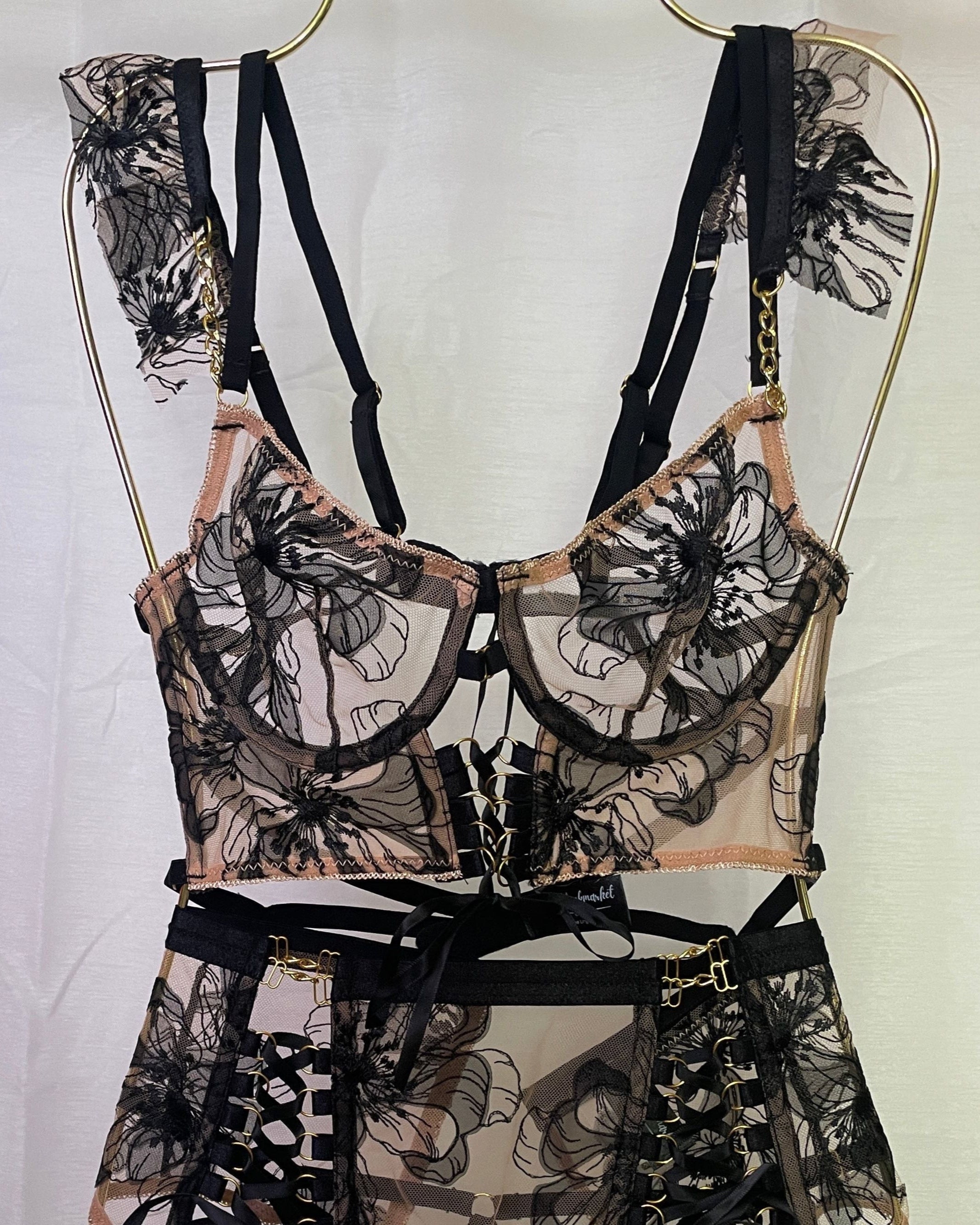 You're My Weakness black and gold lace lingerie set bra, g and garter belt