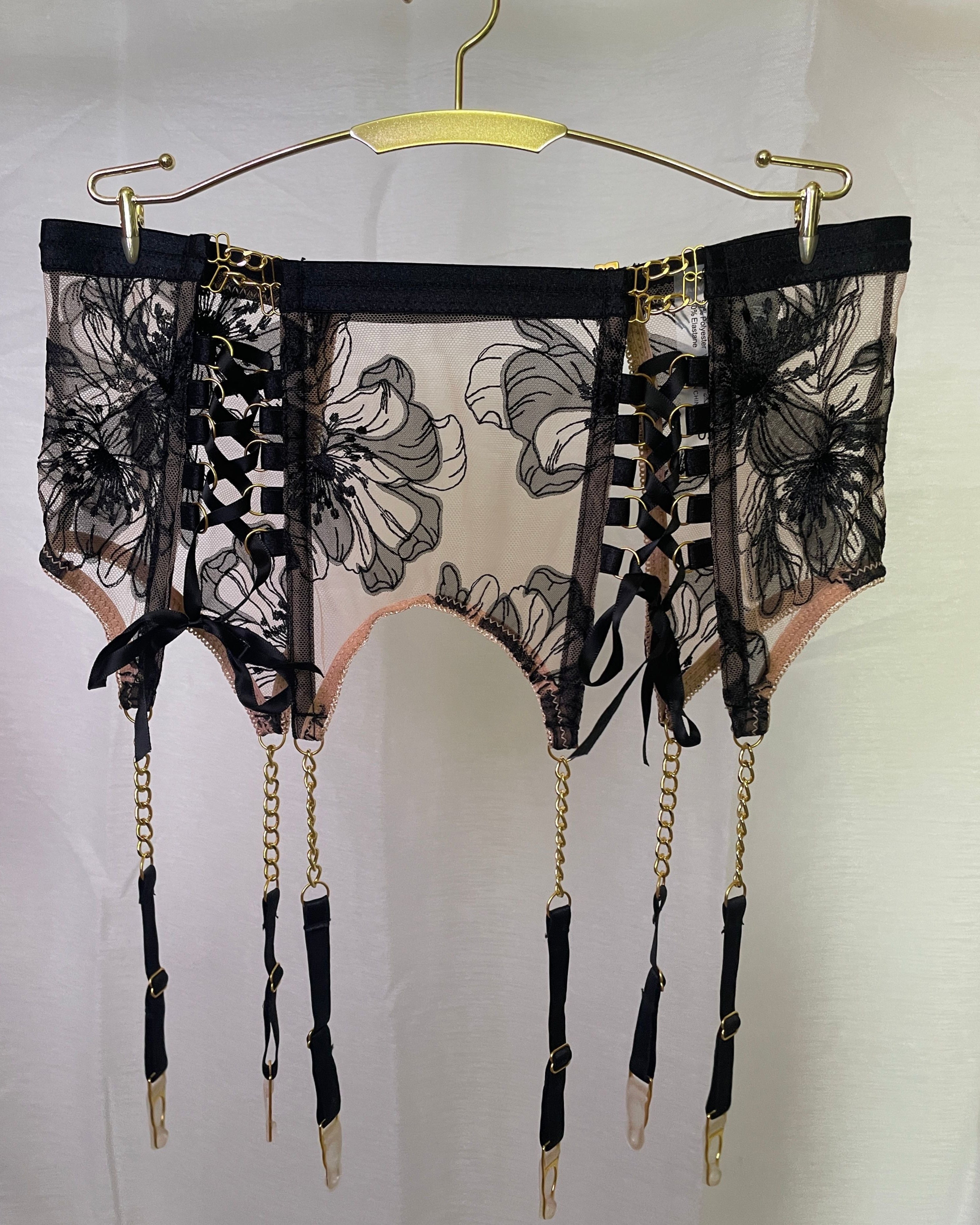 You're My Weakness black and gold lace lingerie set bra, g and garter belt