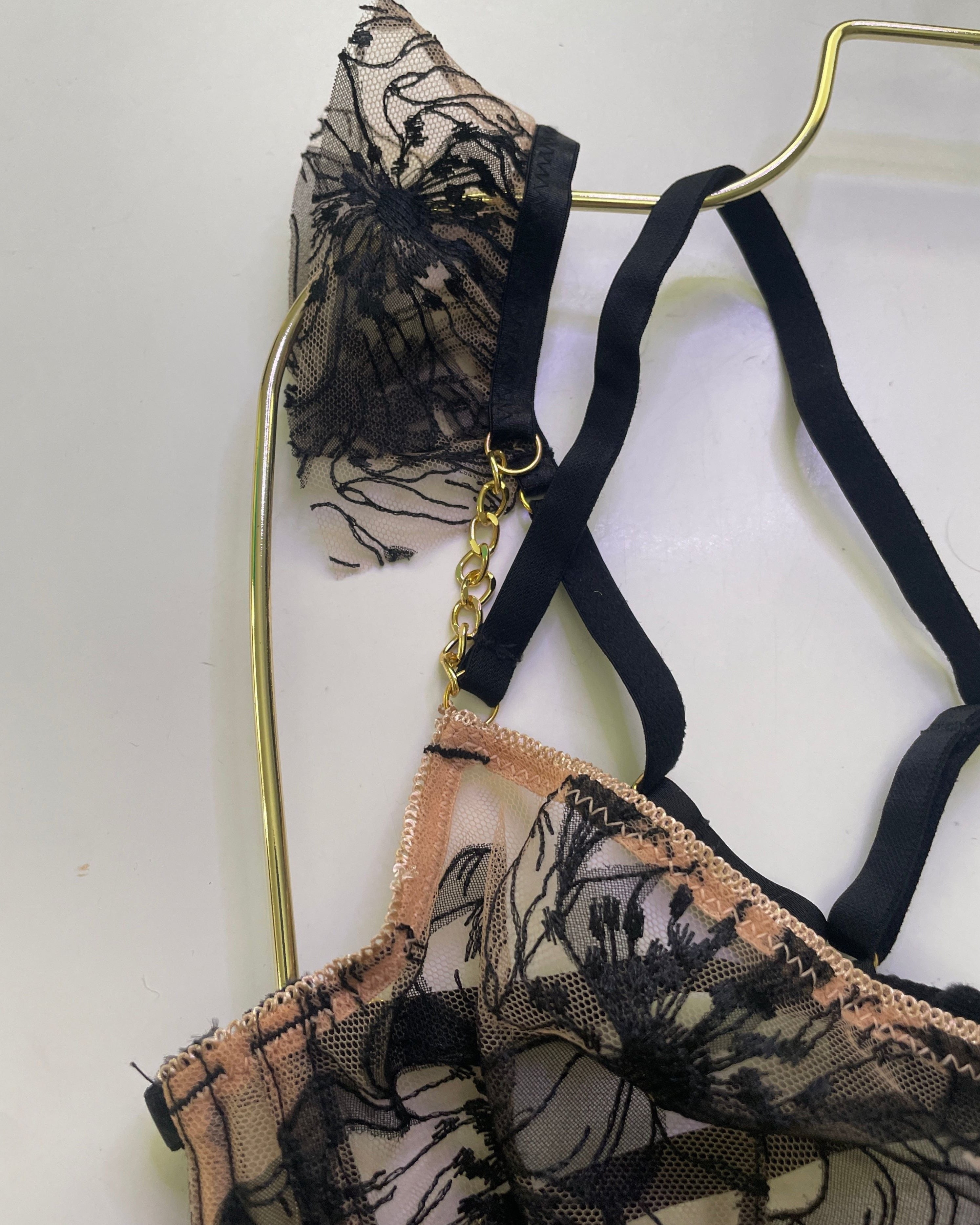 You're My Weakness black and gold lace lingerie set bra, g and garter belt