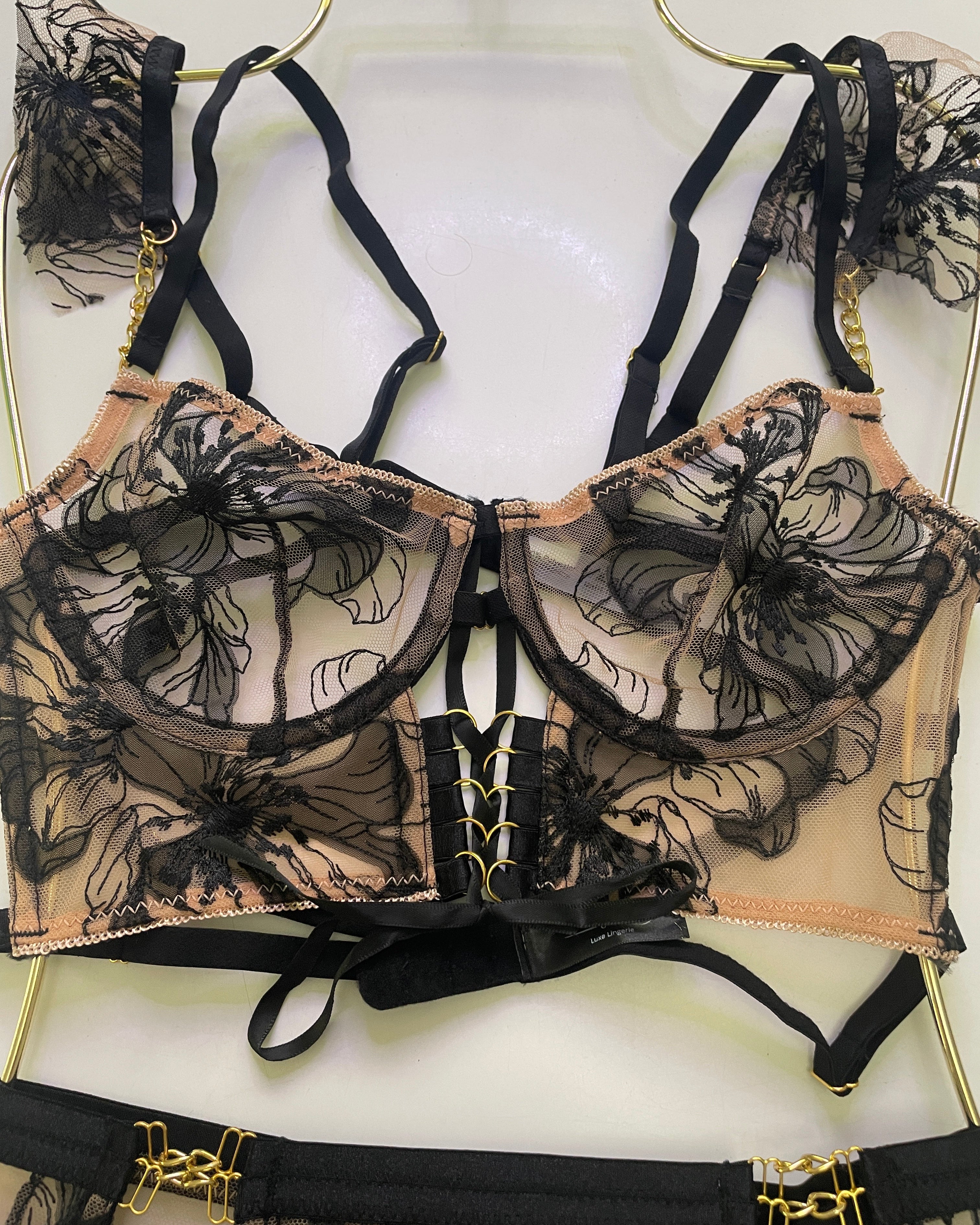 You're My Weakness black and gold lace lingerie set bra, g and garter belt