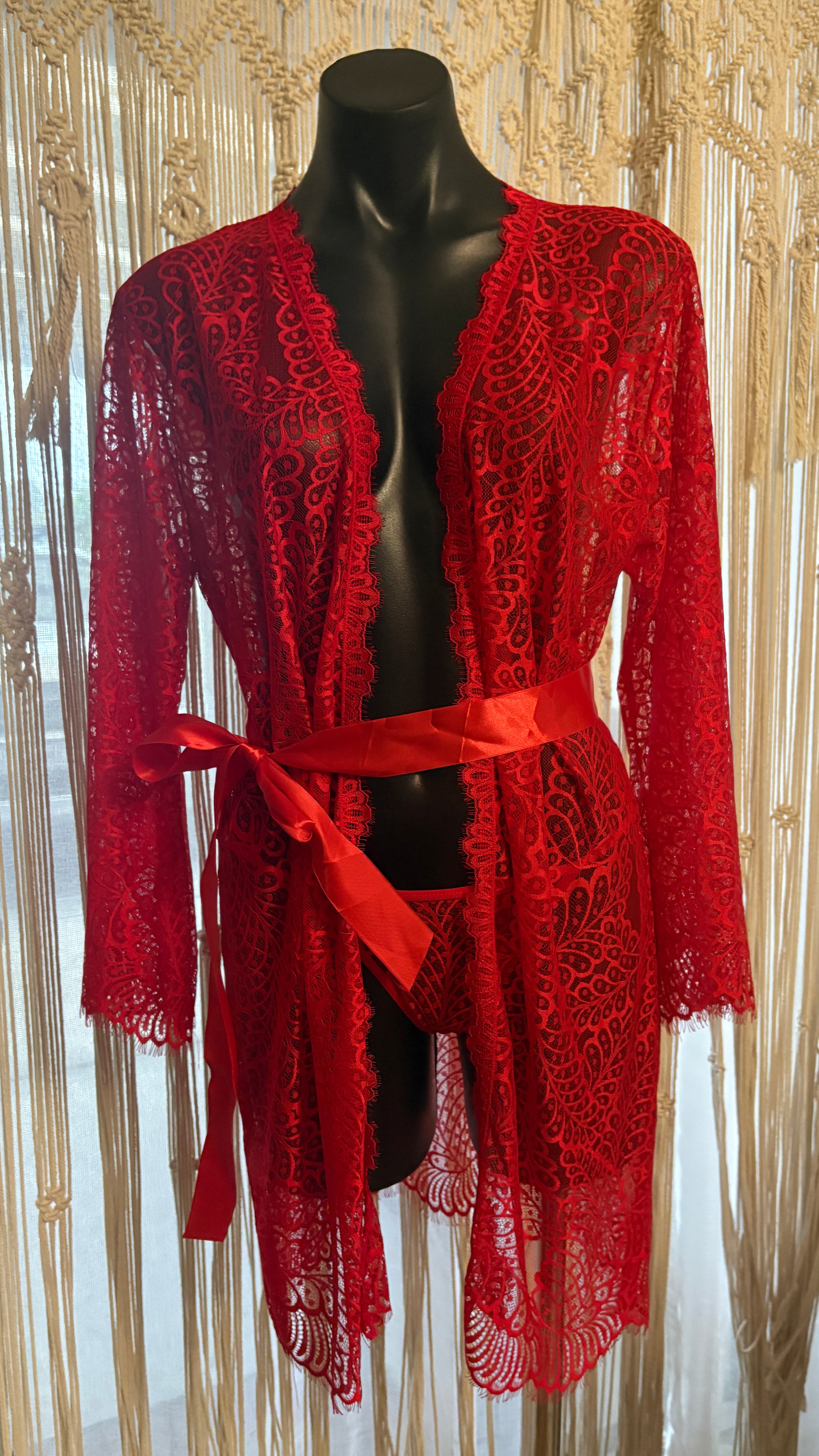 Slinky Red lace night dress, g-string and matching robe - Size 8 - 12 $20 - The Blackmarket Lingerie
