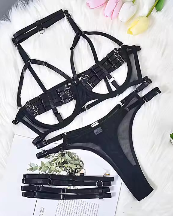 5 piece multi adjustable black lingerie set from The Blackmarket Lingerie