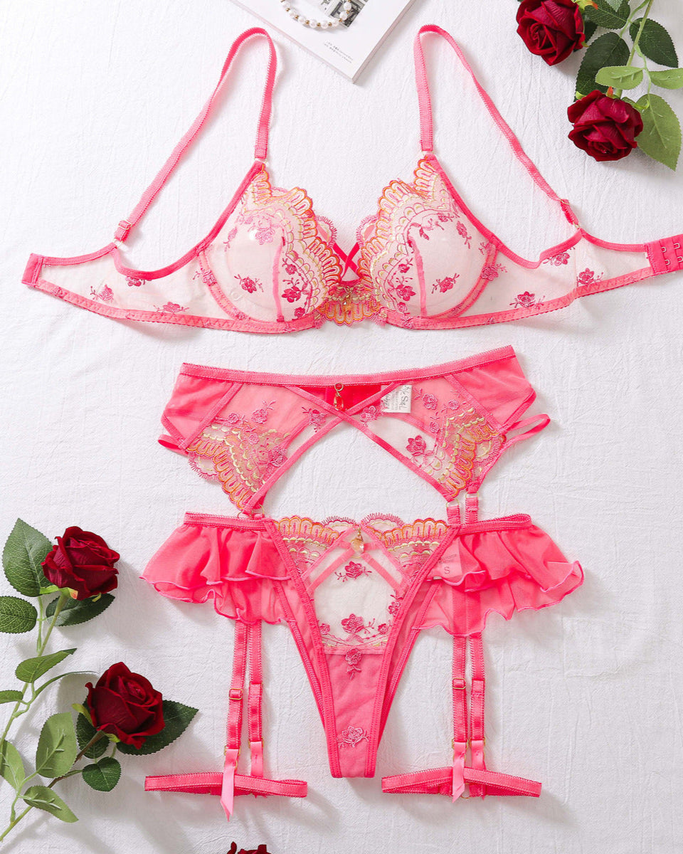 Just My Type Three piece lingerie set from The Blackmarket in pretty pink lace