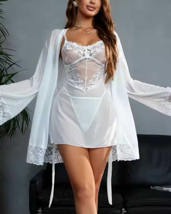 Slinky White Women's Lace Belted Night Robe from The Blackmarket Lingerie