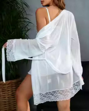 Slinky White Women's Lace Belted Night Robe from The Blackmarket Lingerie
