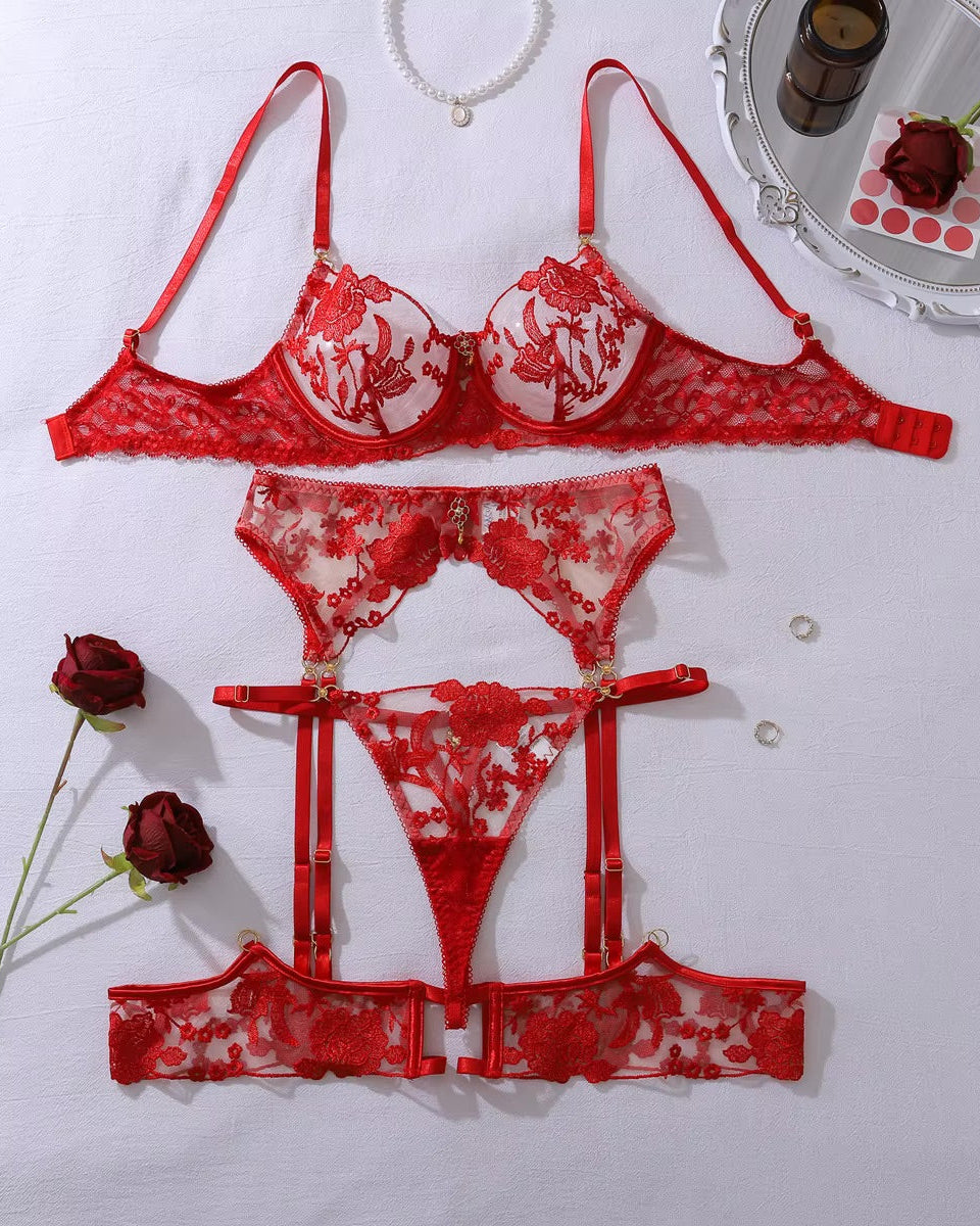 Scarlet embroidered bra and thong lingerie set with matching garter belt and lace garters
