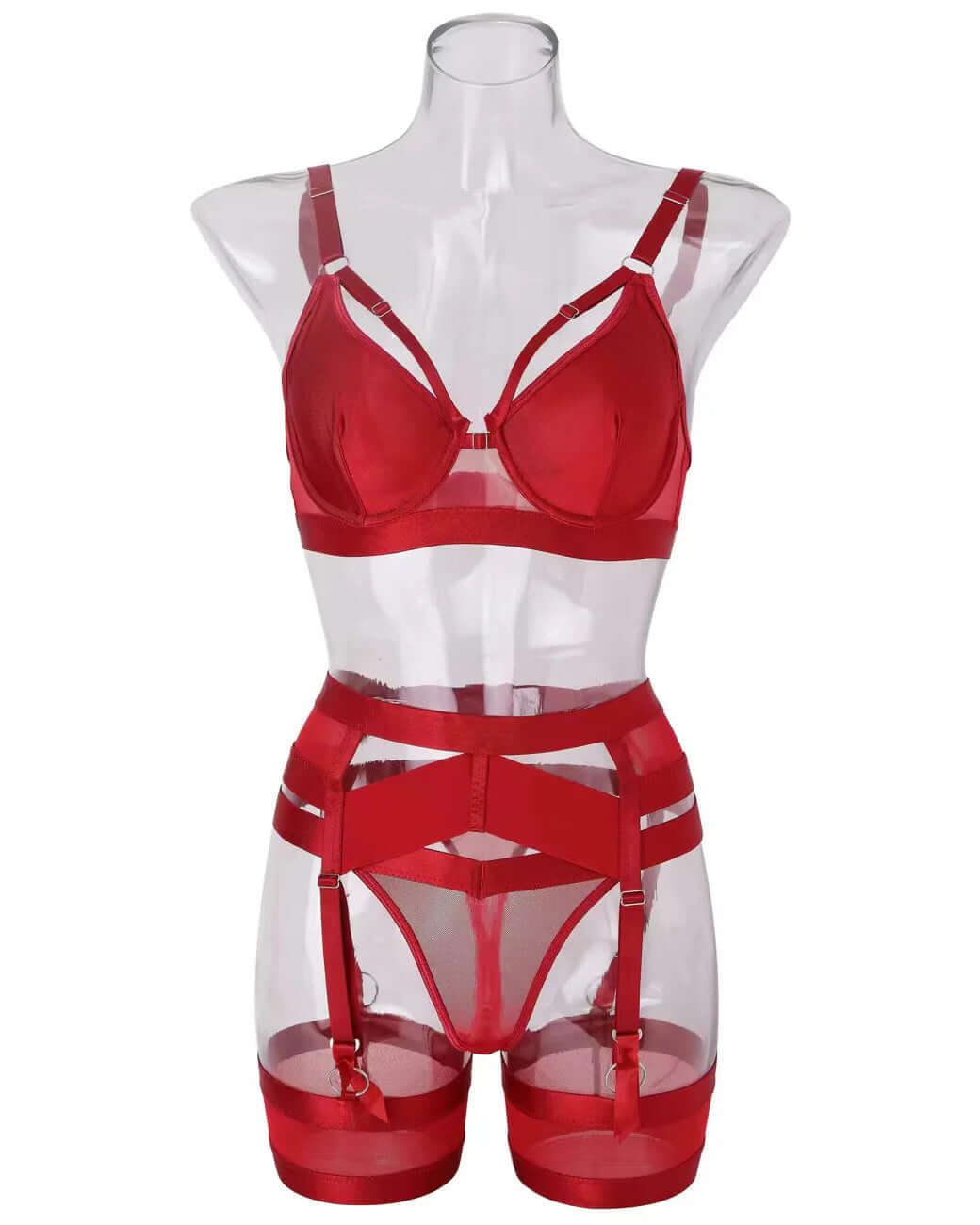 Red transparent lingerie set on a mannequin against a white background