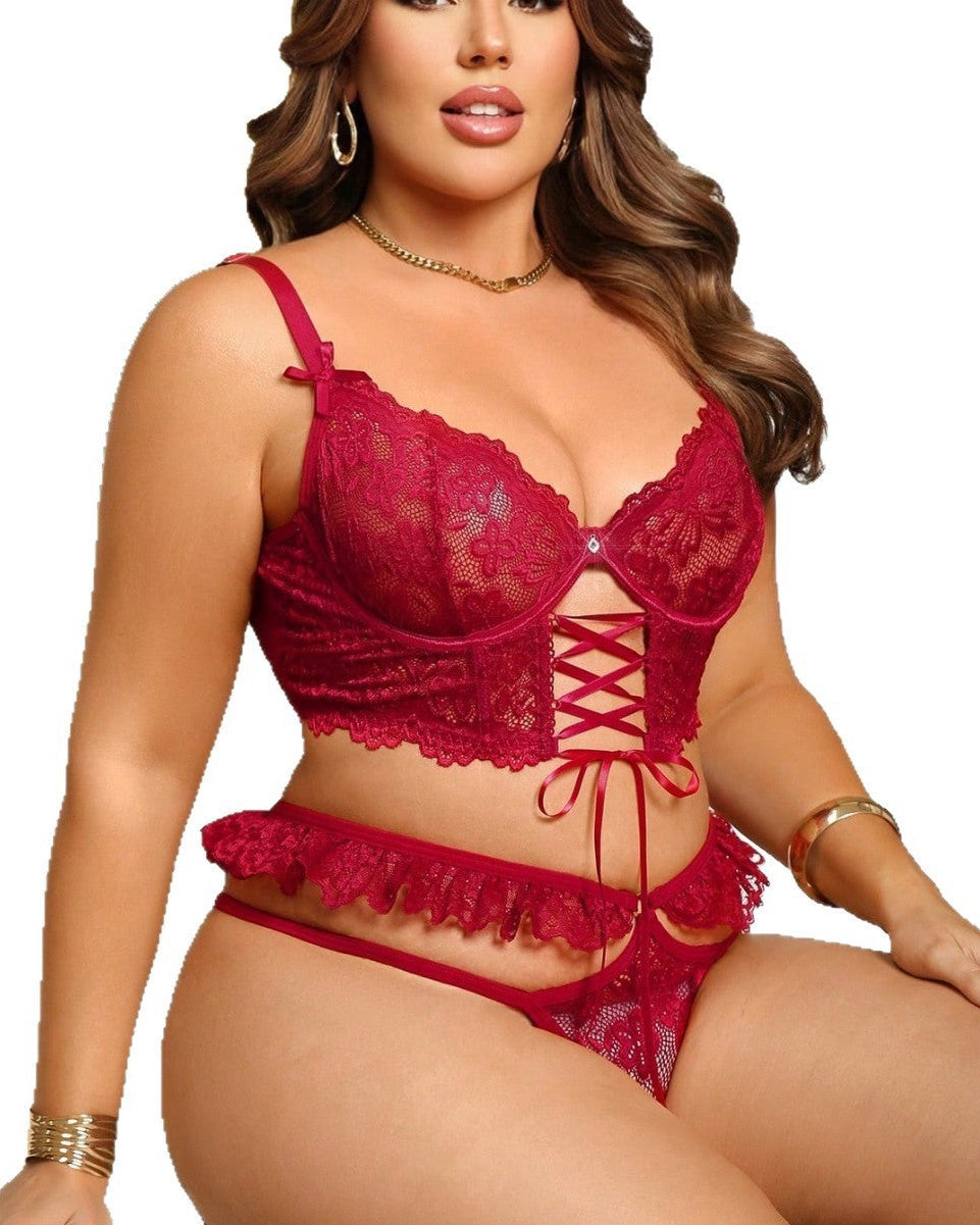No Limits red lace lingerie set showing plunging bra and lace-up front