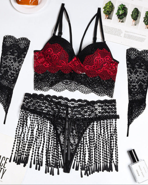 Lascivious Burlesque style lingerie set with bra, G, tassel skirt and lace gloves