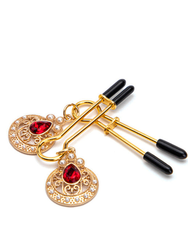 Nipple Clamps with Red Gems from the Obey Me Deluxe BDSM Kit – 10 Piece Red, Black & Gold Boxed Set