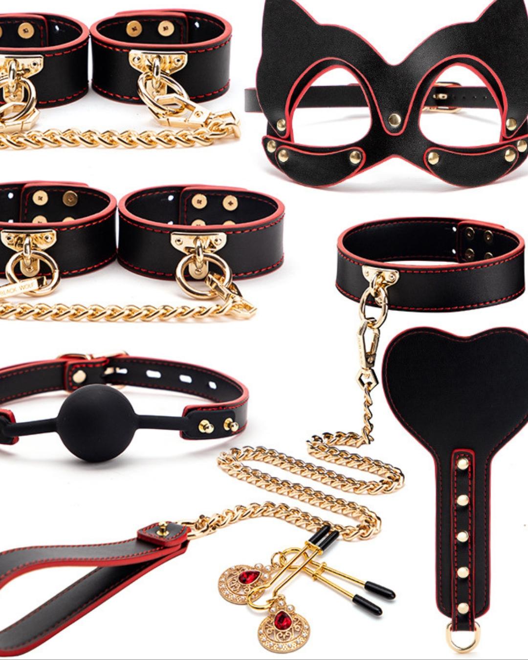 10-piece beginner BDSM gift set styled in black and gold accessories