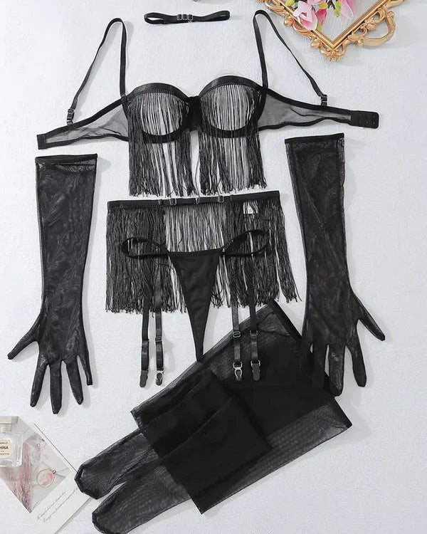Sexy dance burlesque Black tassel bra, skirt, gstring, gloves, choker and stocking set from The Blackmarket Lingerie