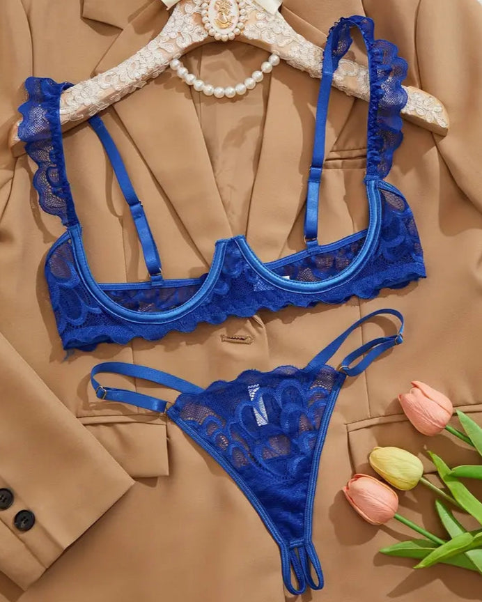Blue lace open cup bra and crotchless Gstring lingerie set