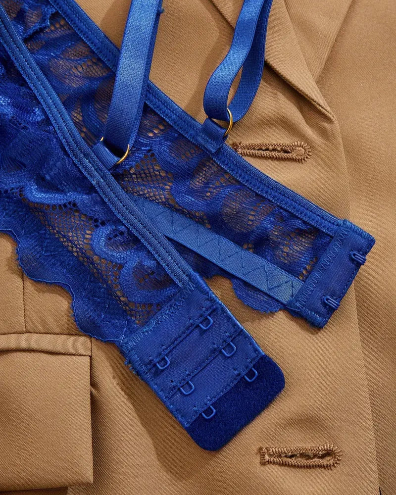 Blue lace open cup bra and crotchless Gstring lingerie set