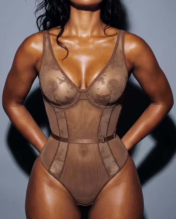 Front view of Second Nature mocha sculpting bodysuit with embroidered underwire cups and waist belt.