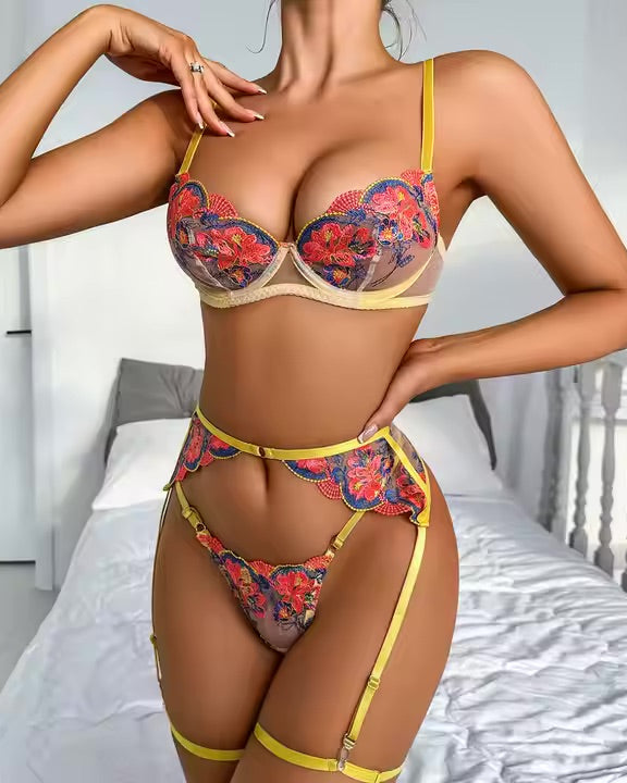 Floral lace Bra, G string, Garter Belt and Garter Sexy Lingerie Set Sunshine Coast Lingerie