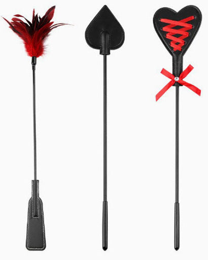 Set of three leather and feathered crops whips from The Blackmarket Lingerie