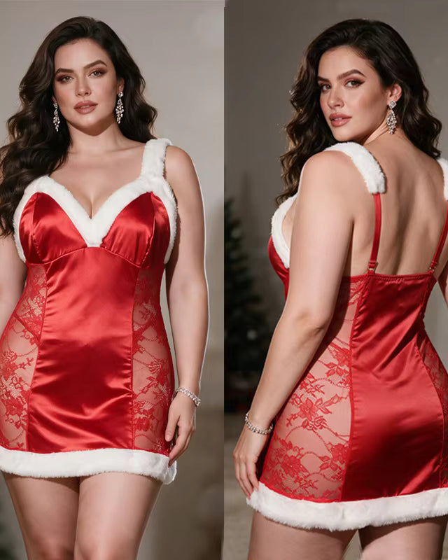 Curvy model wearing Wrapped and Ready red satin Christmas lingerie mini dress with white faux-fur trim