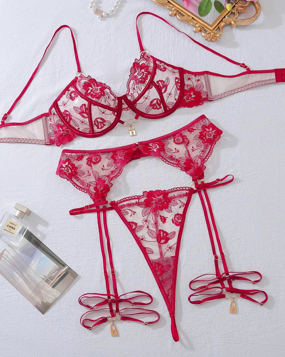 Red lace bra, garter belt and garters and G String