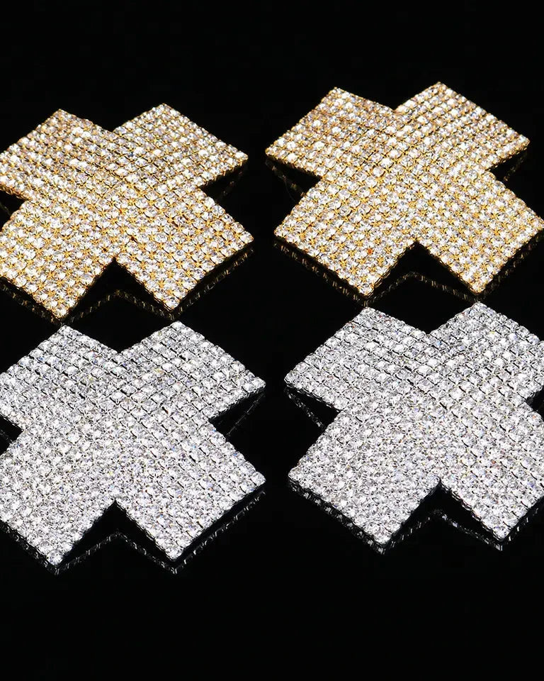 Hidden Assets - Crystal Cross Nipple Covers/Pasties - Silver or Gold - The Blackmarket Lingerie