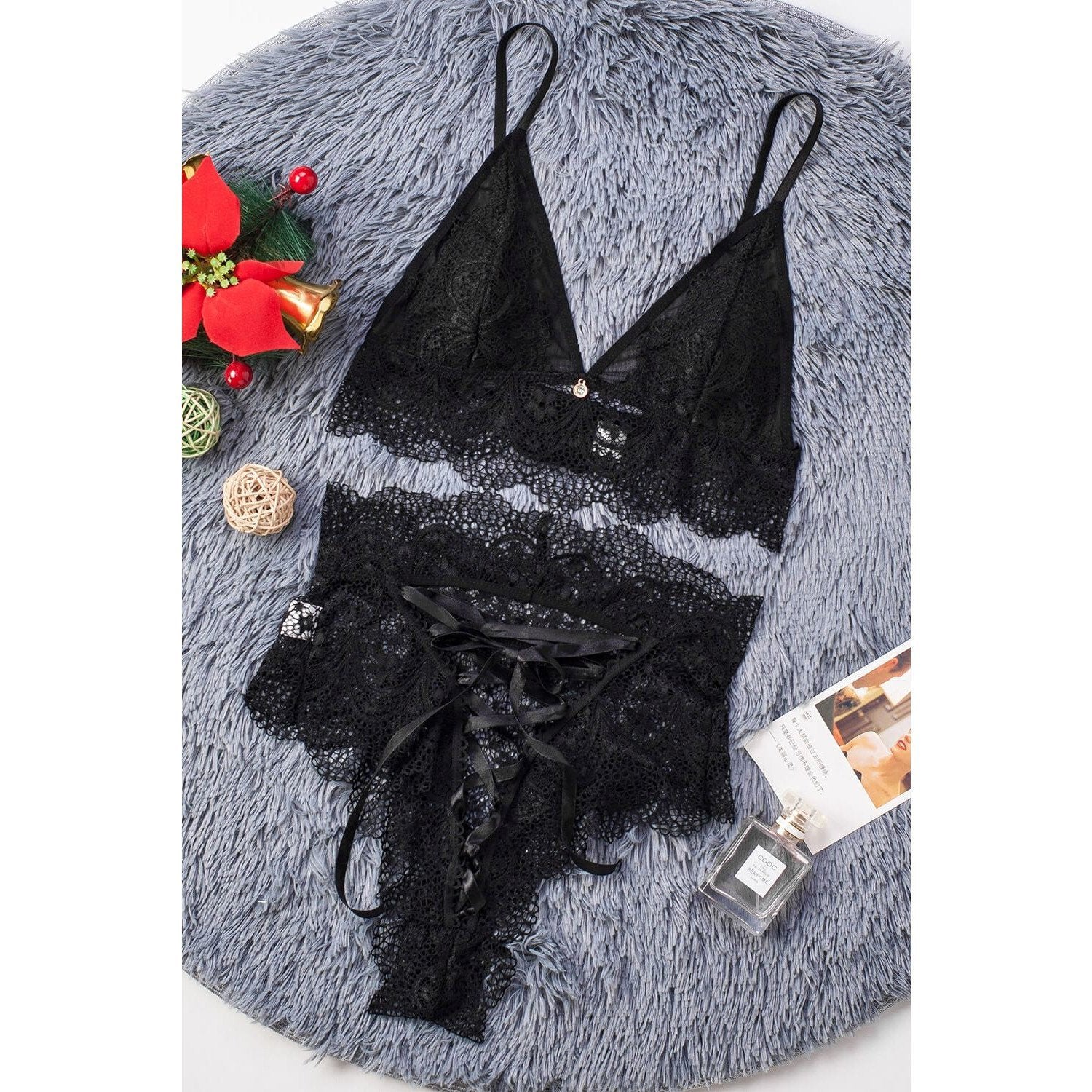 Emma Lace High Waist Brief and Bralette - Black - theblackmarket.net.au