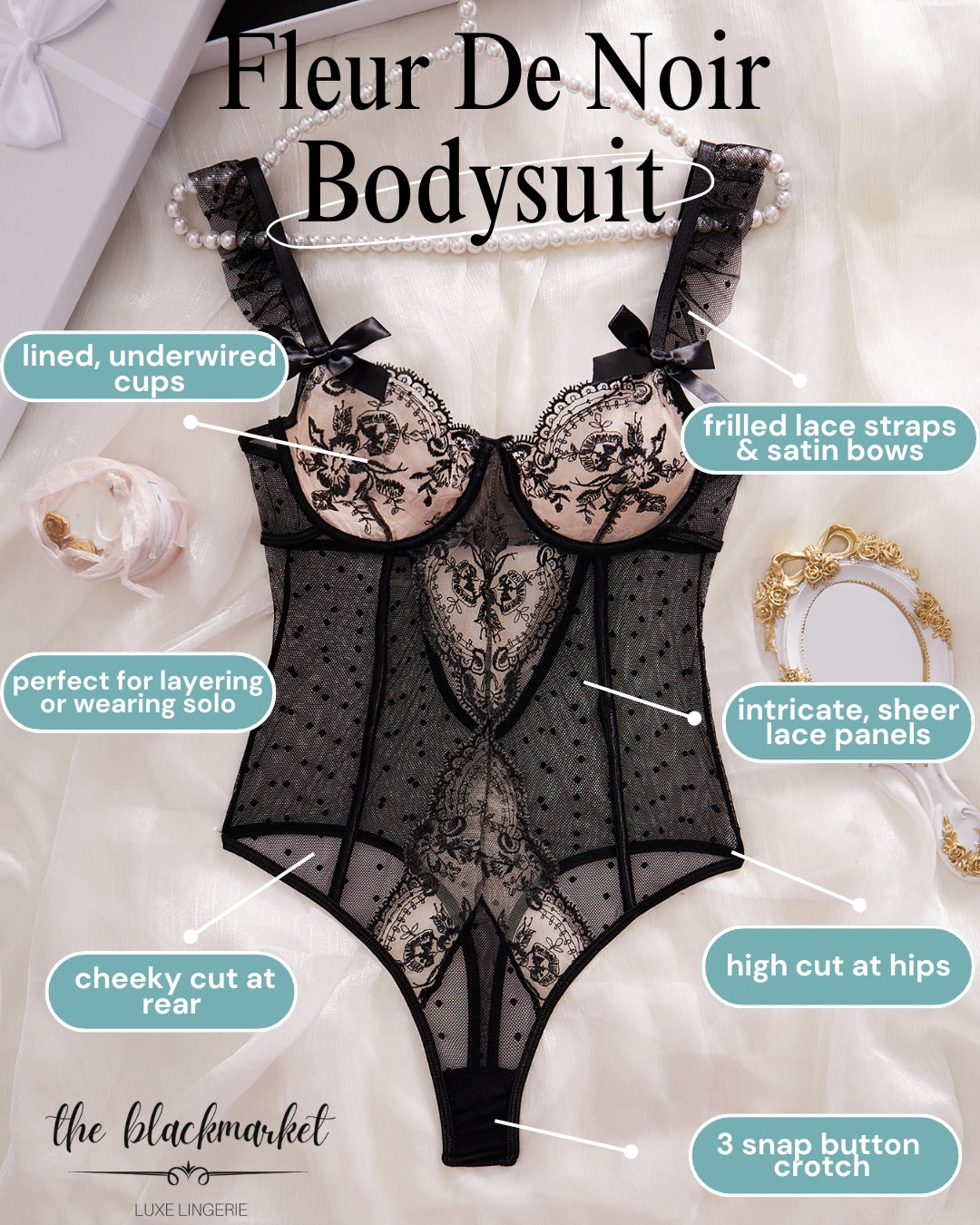 Black lace bodysuit with features highlighted on a white background