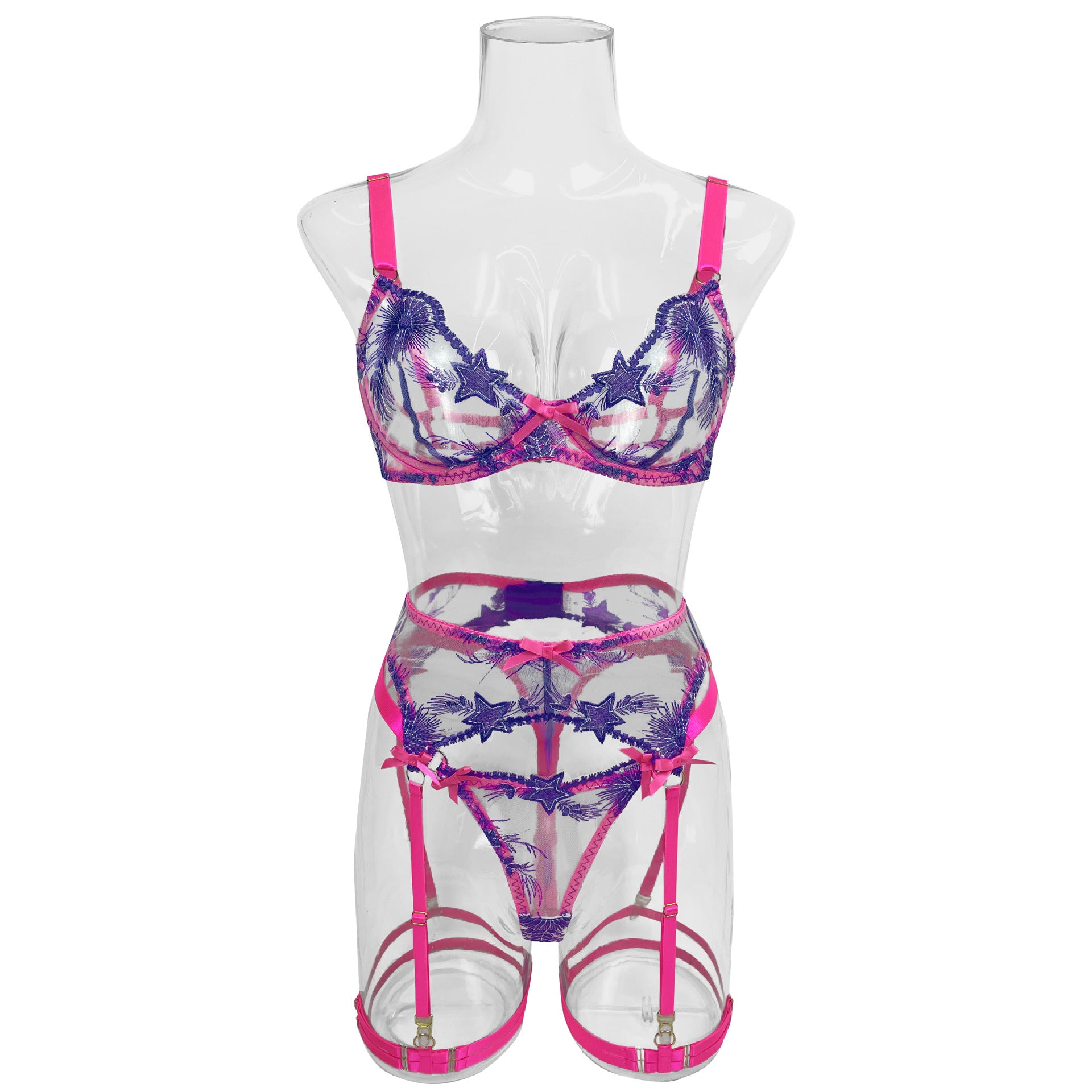 Electric Bubbleyum purple and pink lace bra, G, garter belt and garters lingerie set from The Blackmarket