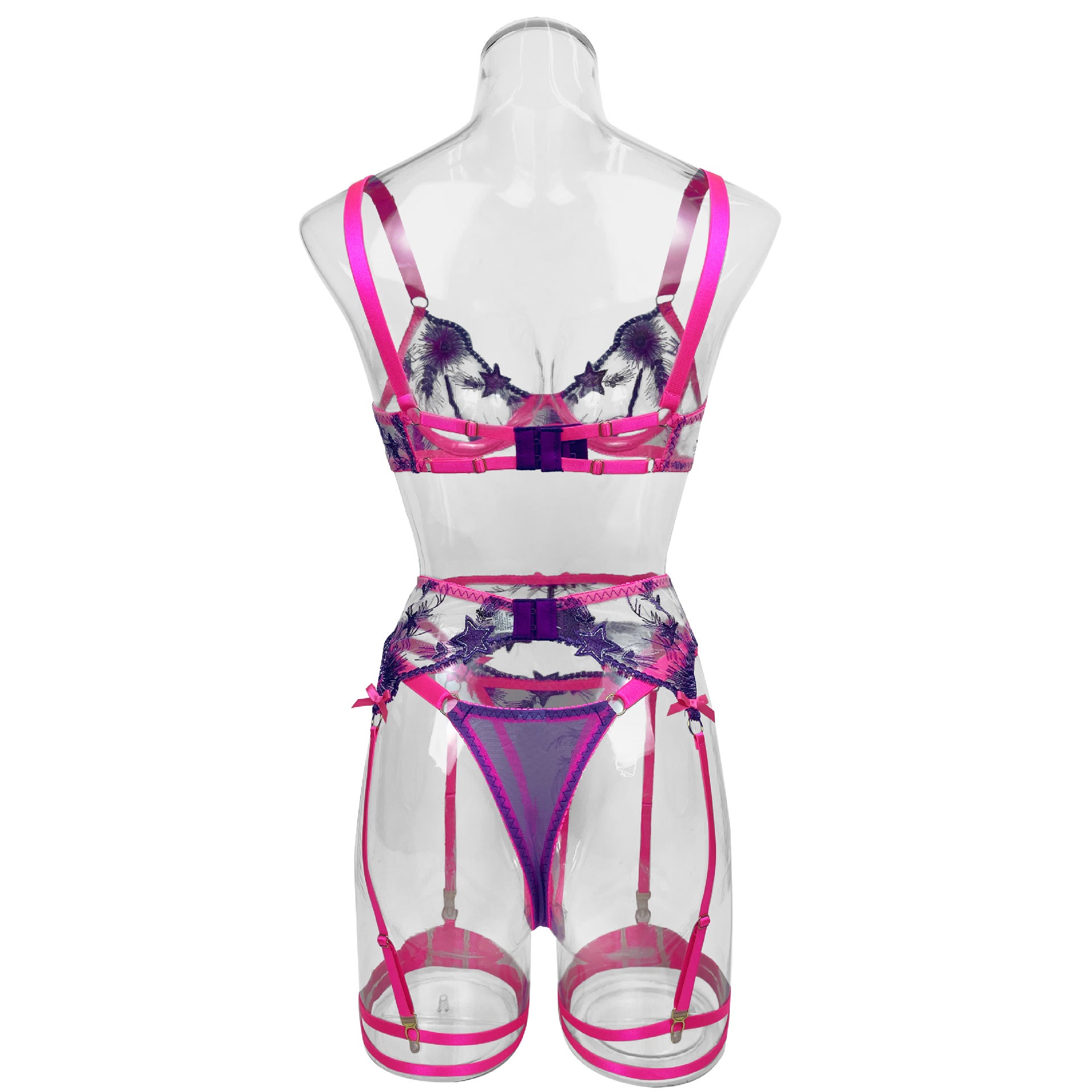 Electric Bubbleyum purple and pink lace bra, G, garter belt and garters lingerie set from The Blackmarket