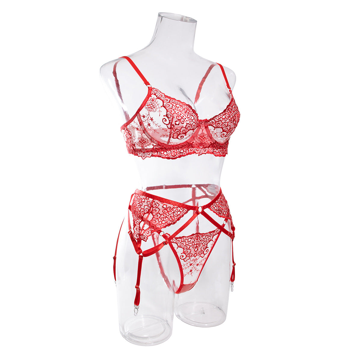 Love Language red lace three piece bra, garter and G lingerie set from The Blackmarket Lingerie