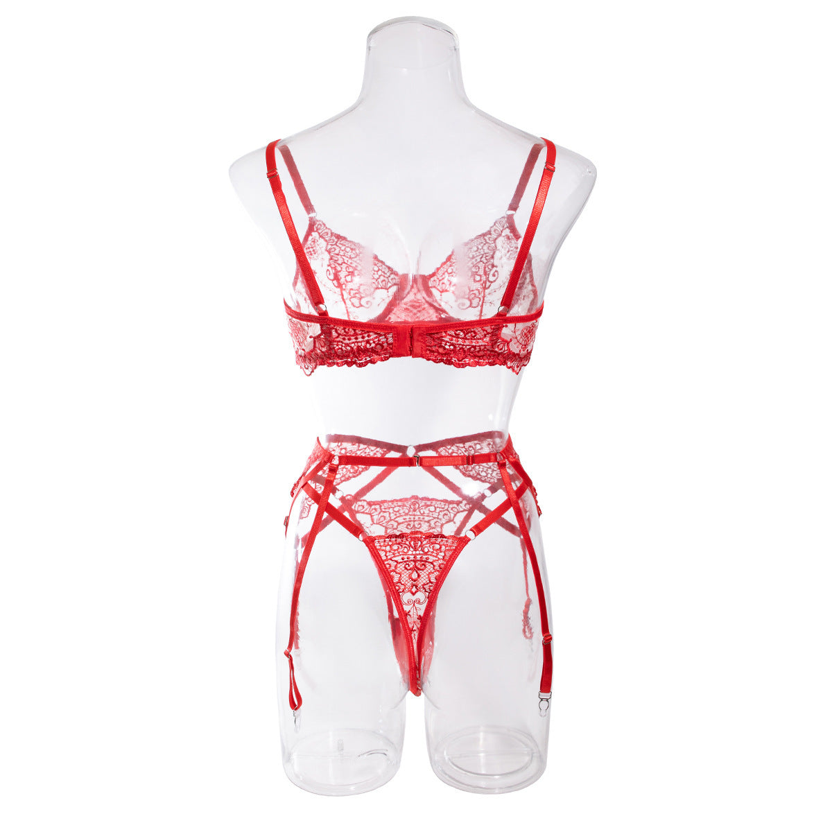 Love Language red lace three piece bra, garter and G lingerie set from The Blackmarket Lingerie