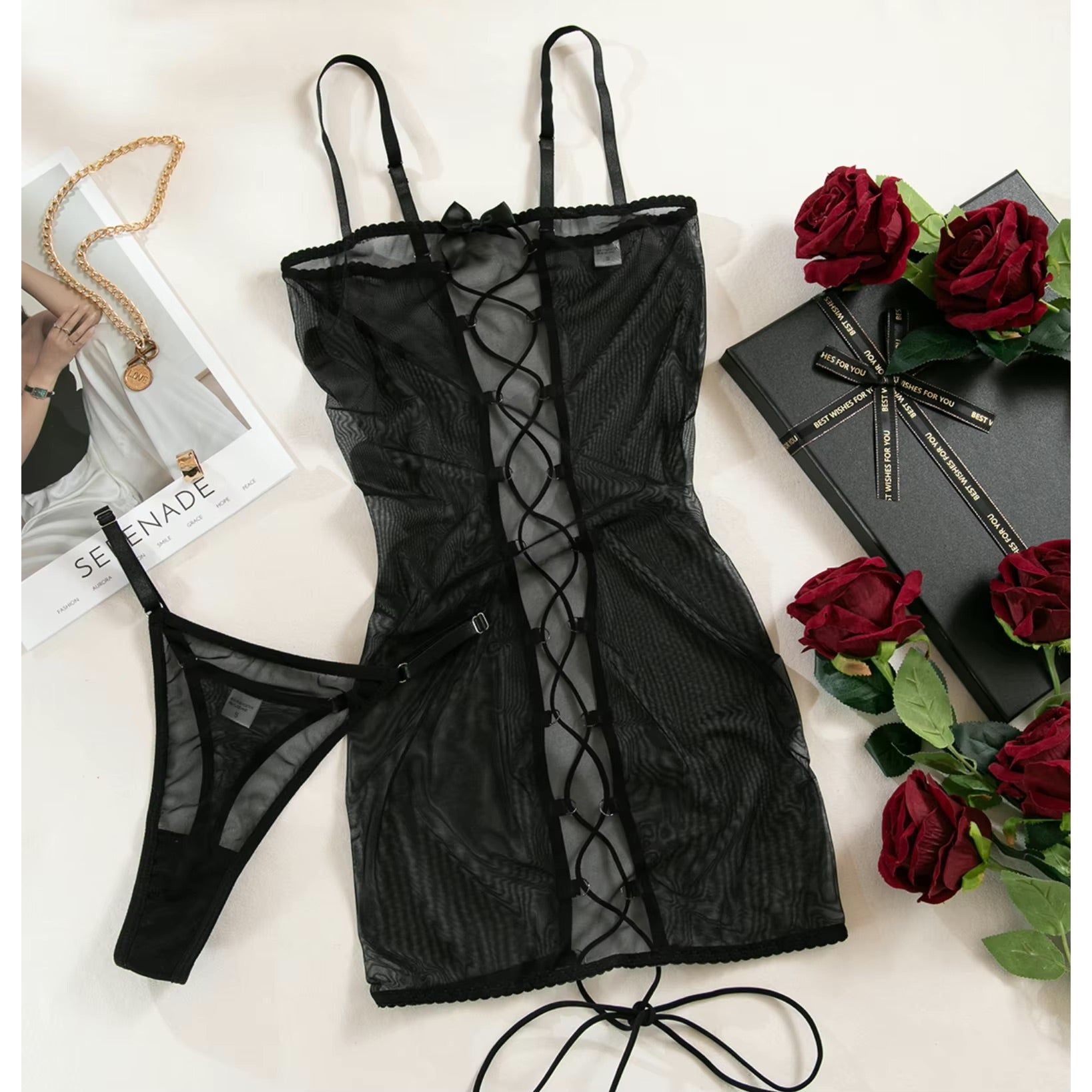 Sheer black lace up lingerie slip from The Blackmarket Lingerie