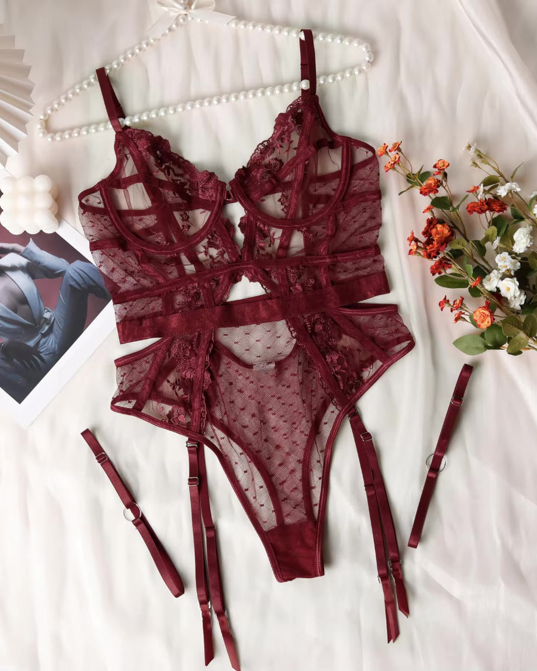 Burgundy lace embroidered sexy bodysuit from The Blackmarket Lingerie
