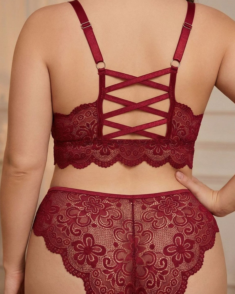 Count Me In wine-red lace bralette showing criss-cross back straps and matching lace briefs