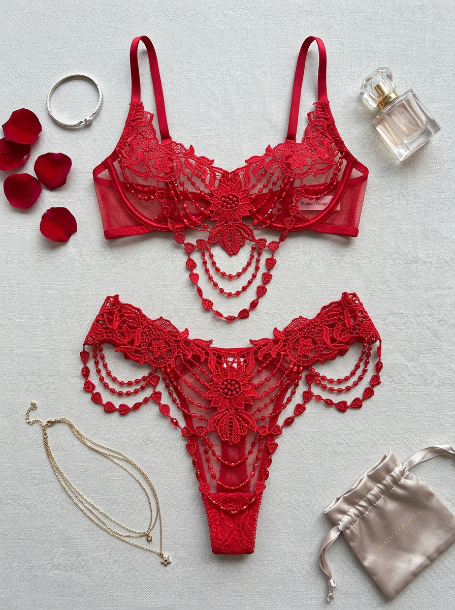 Don’t Look Away – Red Ornate Embroidered Lingerie Set - The Blackmarket Lingerie 