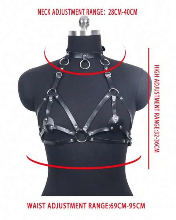 Black leather harness on a mannequin with neck and waist adjustment ranges displayed.
