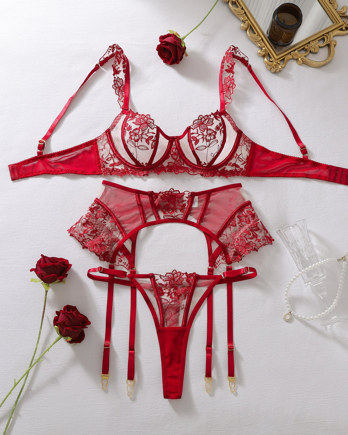 Don't Hold Back wine embroidered lingerie set with bra and suspender belt
