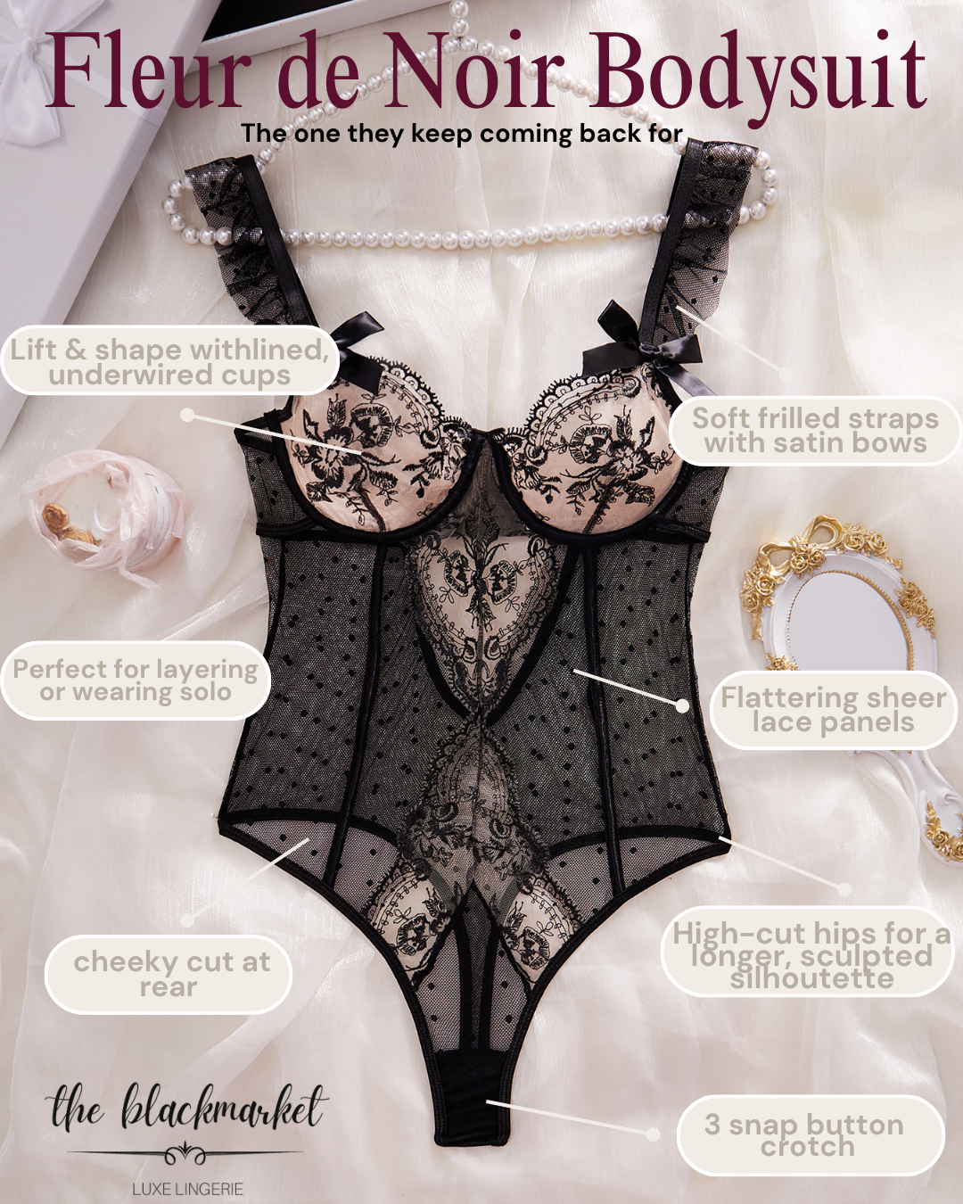 Black Lace Bodysuit Features