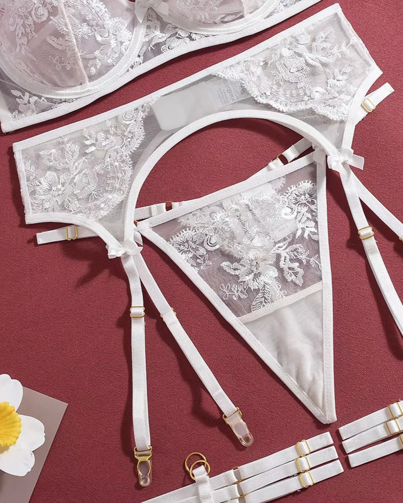 Catch Your Breath White Lingerie Set  details gstring, garter belt and adjustable garters