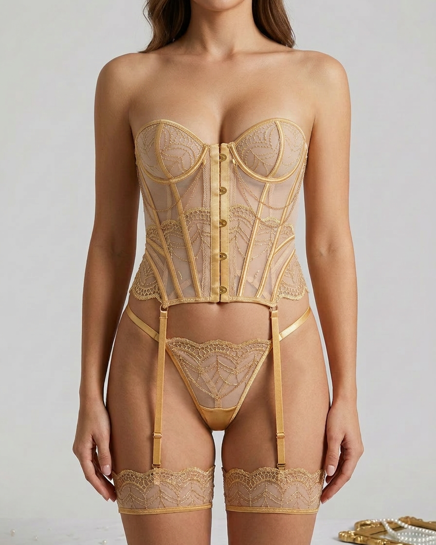 Golden Hour champagne lace bustier lingerie set with gold chain detailing and matching thigh garters.
