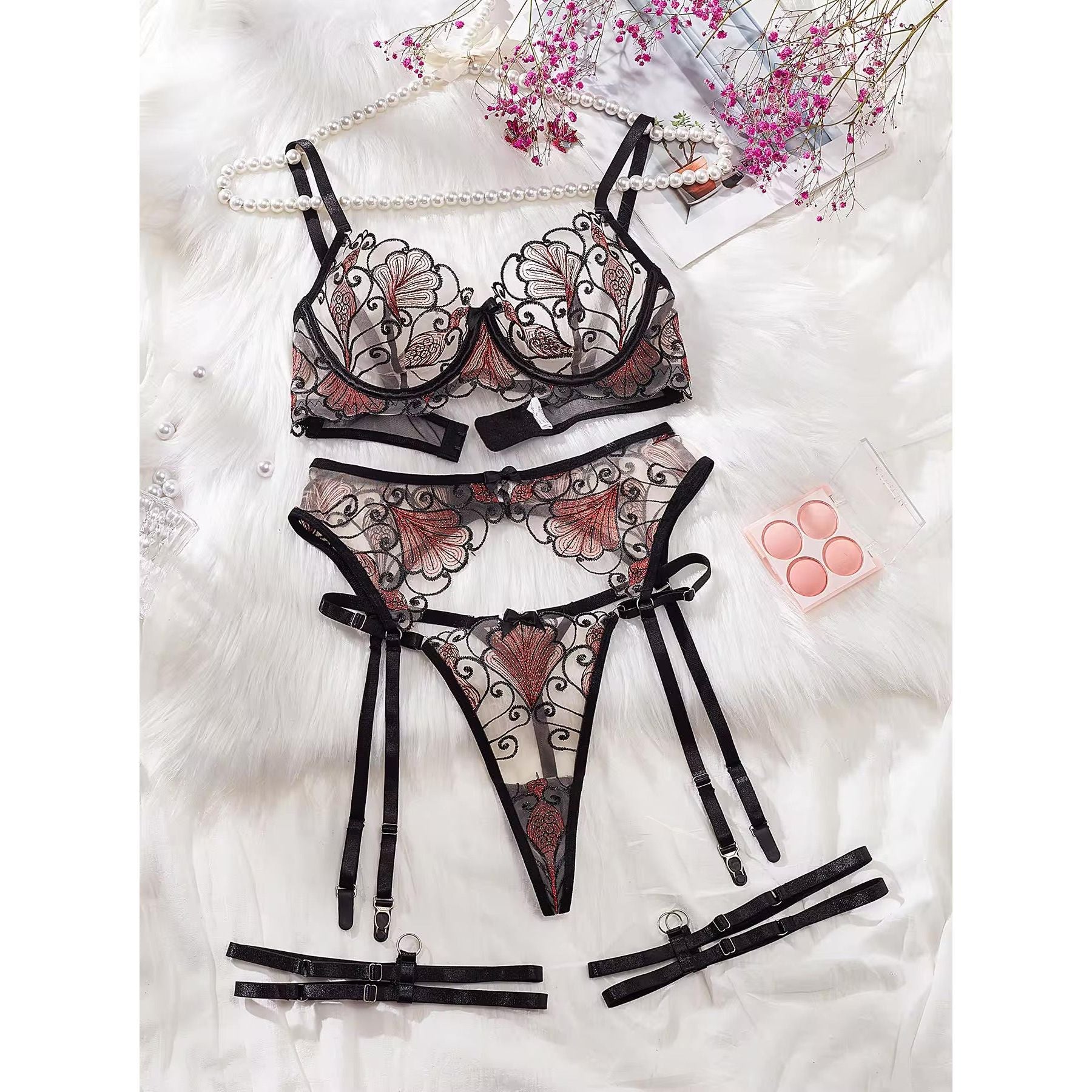 Women's Oh Me Oh My set - Bra, G, Garter Belt and Garter Lingerie Set - The Blackmarket Lingerie