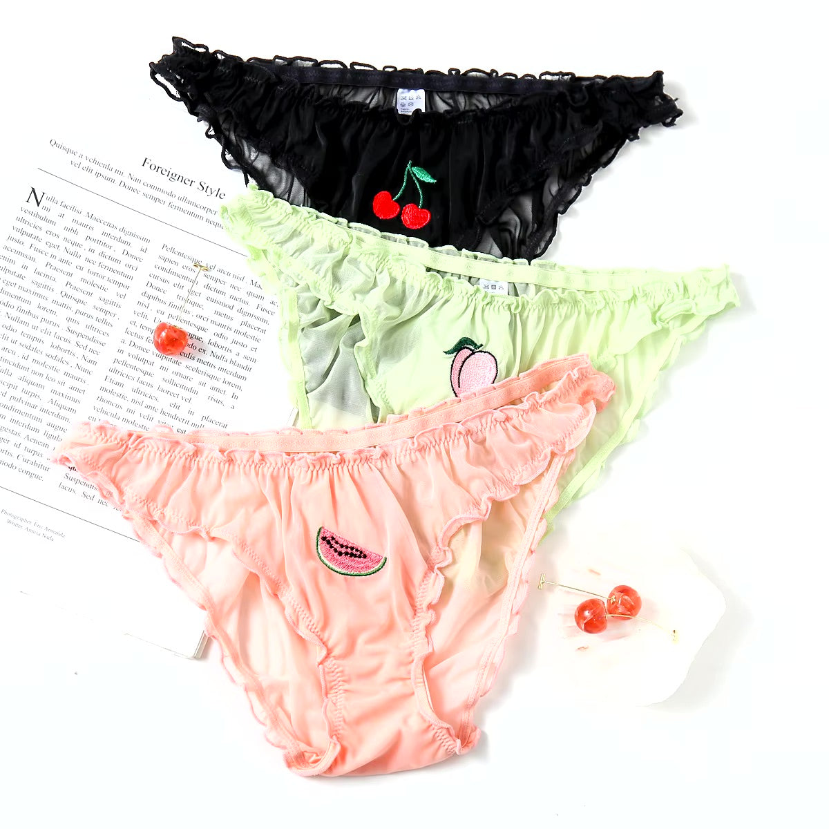 Three pack of women's briefs underwear with fruit motifs