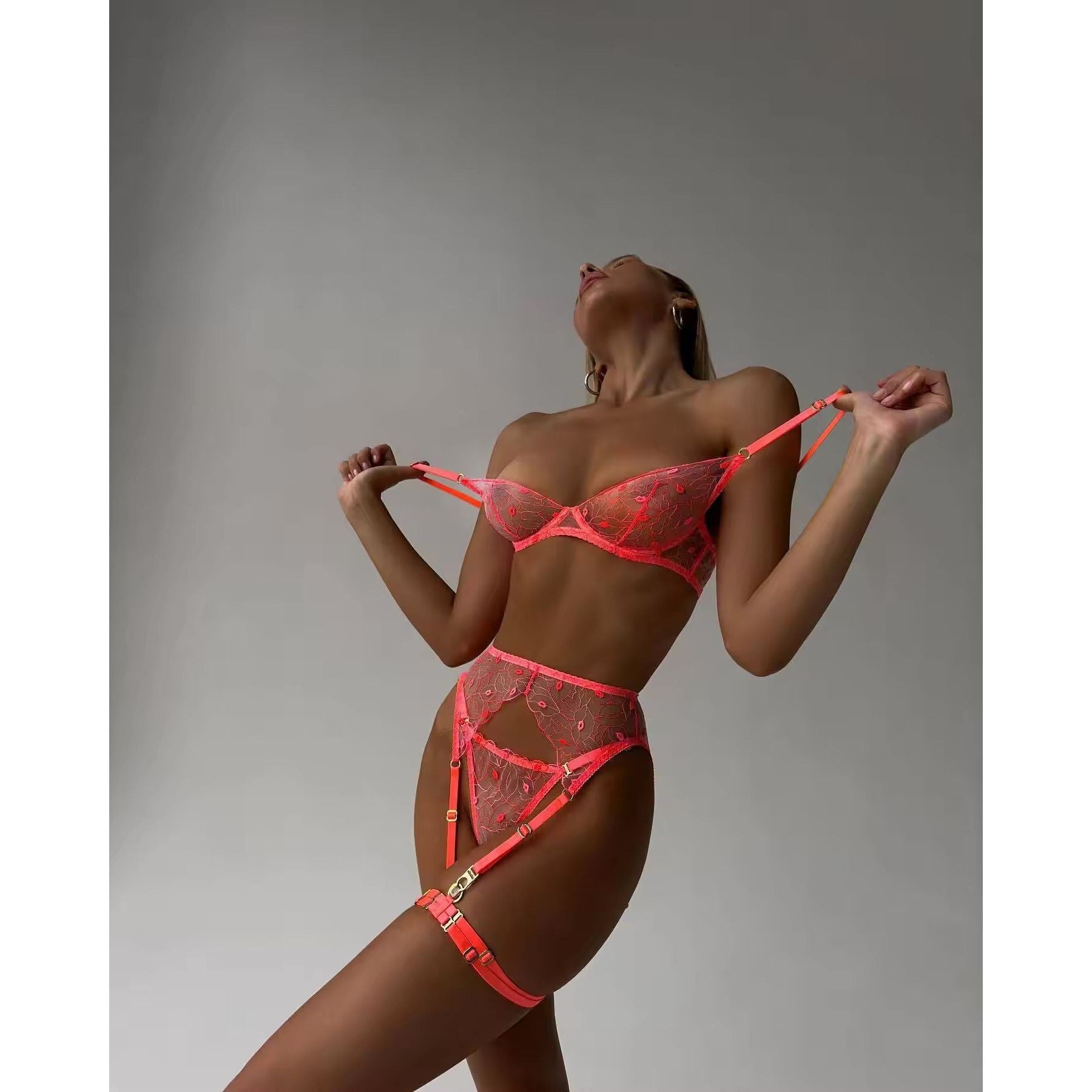 fluorescent  orange lingerie set with bra and G adjustable from The Blackmarket Lingerie