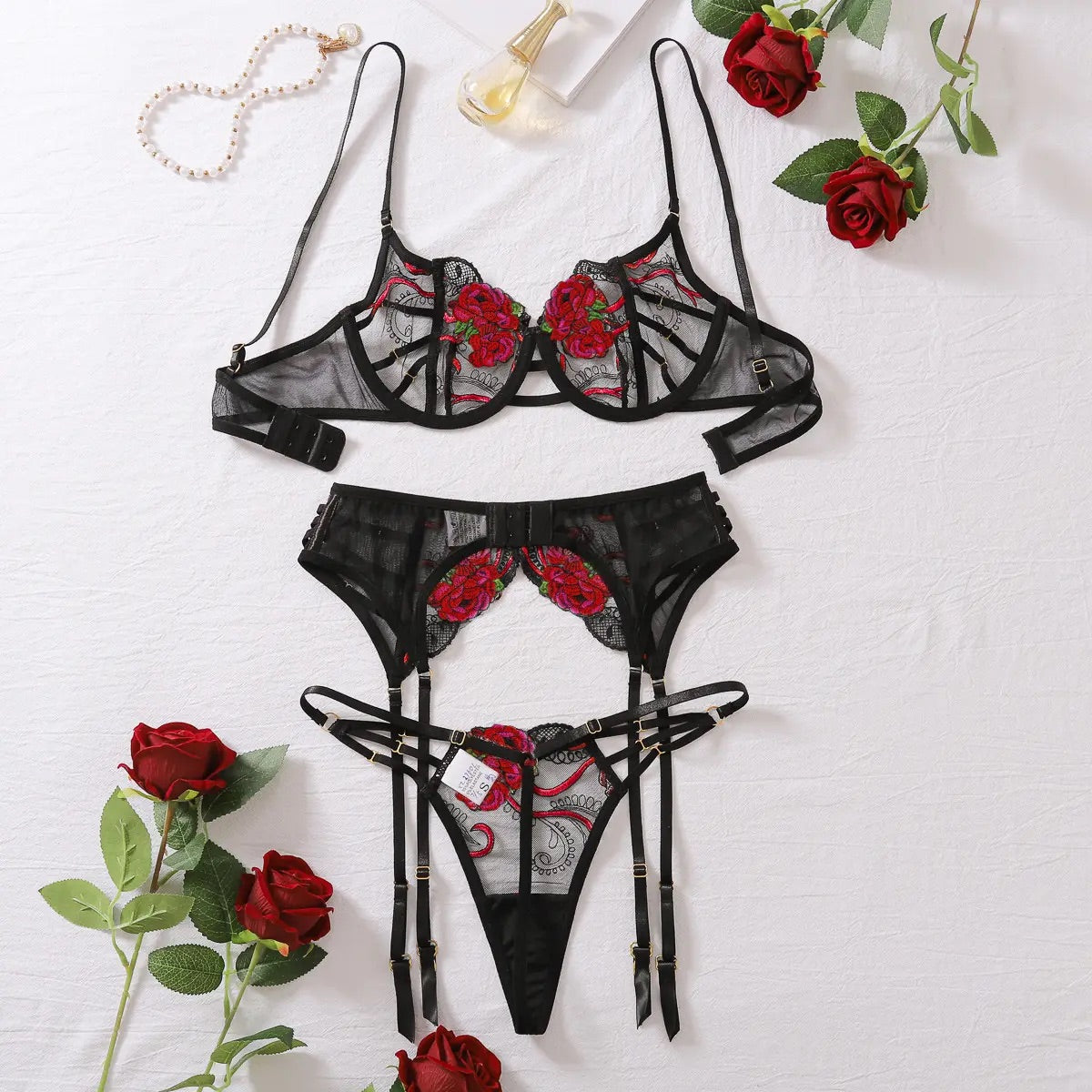 black and red lace floral women's lingerie set with bra, garter belt and matching G