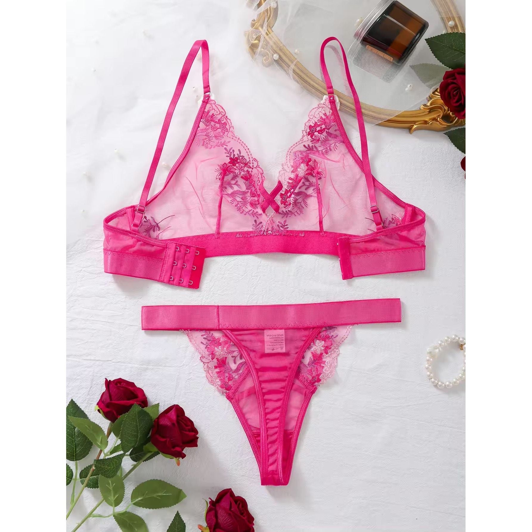 Hello Sweetheart pink sheer lace wirefree bra and matching brief from The Blackmarket