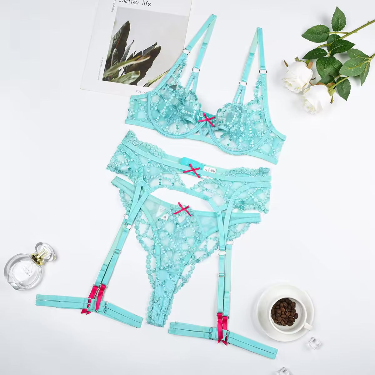 Pretty Please Bra, G, Garter belt, Garters lingerie set in turquoise lace from The Blackmarket