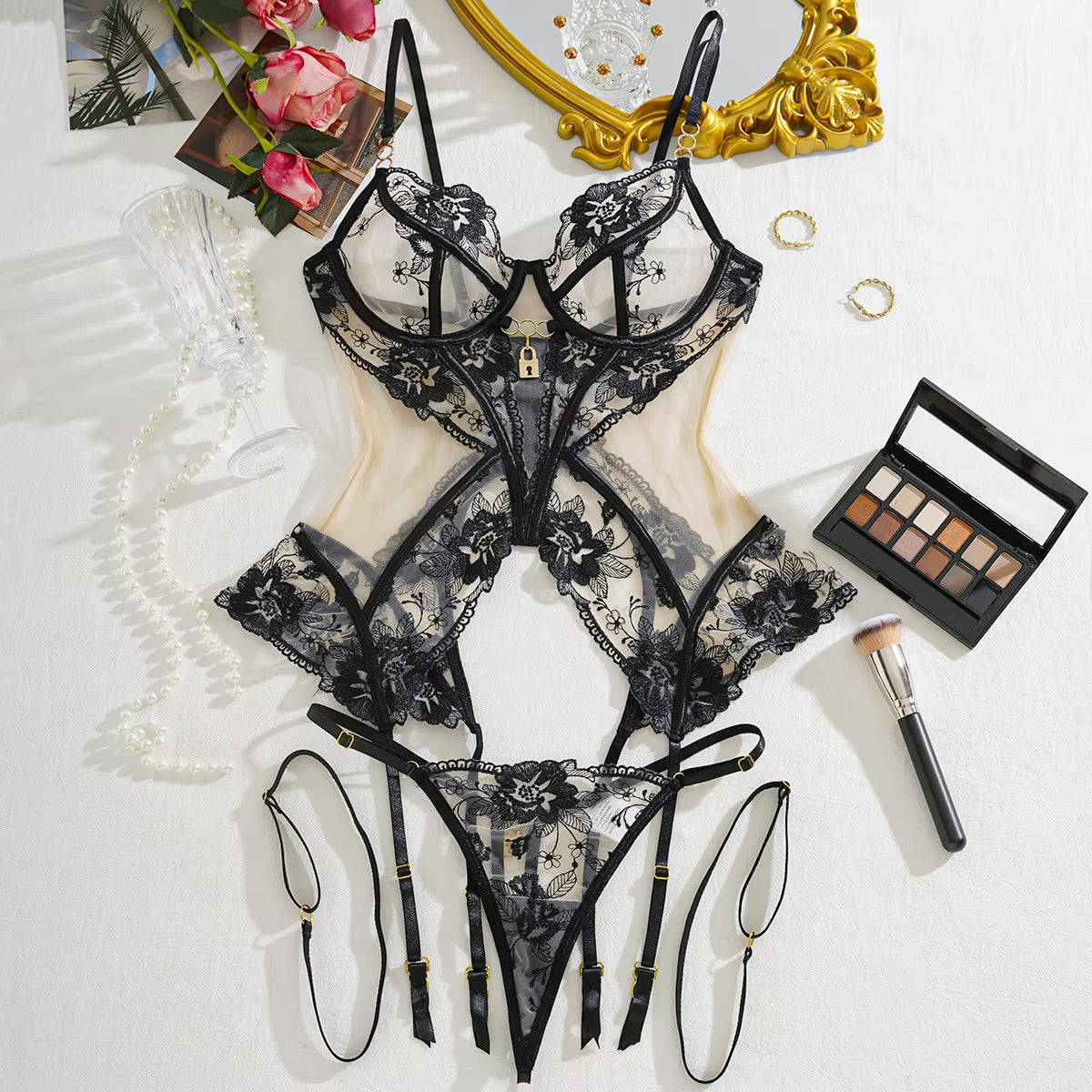 You Hold the Key...Black Lace Basque Set with Gold Adornments