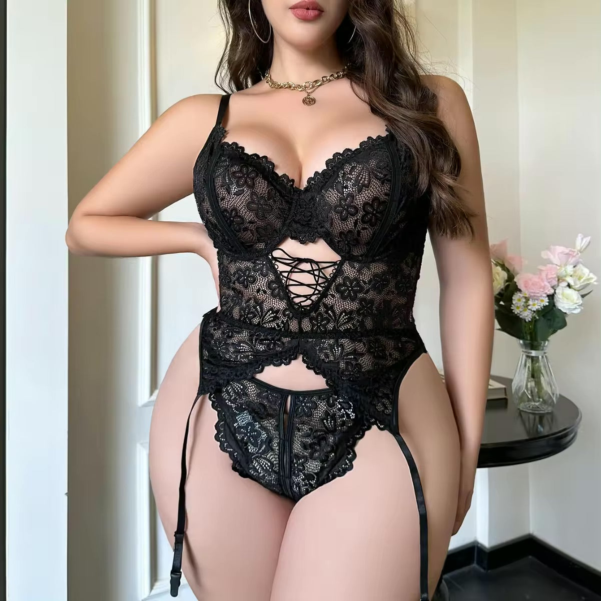 Curvy Lingerie Set - Plus Size Black laceLingerie