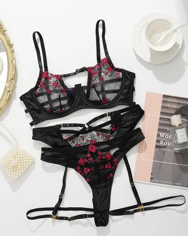 Never Promised You a Rose Garden Lace Bra, G-String, and Garter Belt Set - The Blackmarket Lingerie and Swimwear